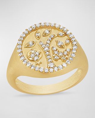 18k Yellow Gold Diamond Tree of Life Signet Ring, Size 6.5