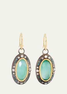 18K Yellow Gold Earrings with Champagne Diamonds, Emeralds and Oval Shaped Grandidierite