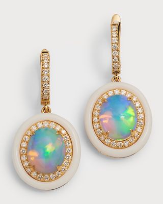 18K Yellow Gold Earrings with Opal Ovals, Diamonds and White Frame, 4.47tcw
