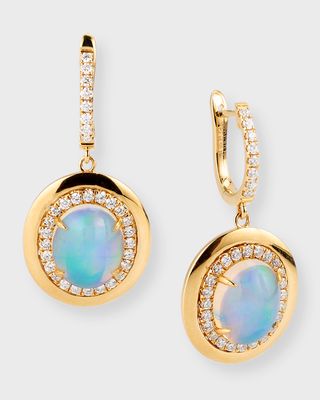 18K Yellow Gold Earrings with Oval-Shape Opal and Diamonds, 4.46tcw
