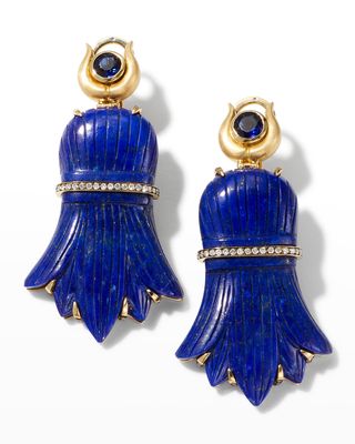 18K Yellow Gold Egypt Earrings with Diamonds, Kyanite and Lapis