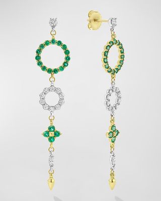 18K Yellow Gold Emerald and Diamond Circle Drop Earrings