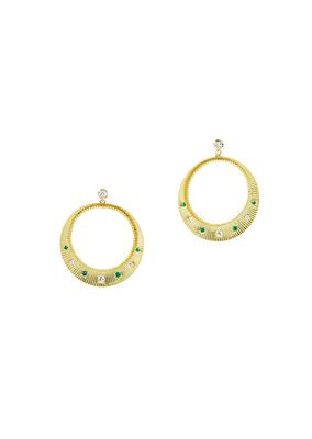 18K Yellow Gold, Emerald, & Diamond Ridged Drop Earrings
