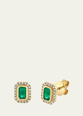 18K Yellow Gold Emerald and Diamond Stud Earrings