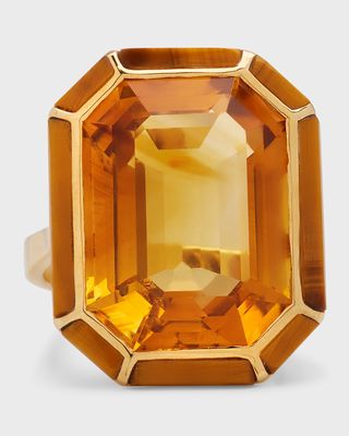 18K Yellow Gold Emerald-Cut Citrine Ring With Tiger Eye