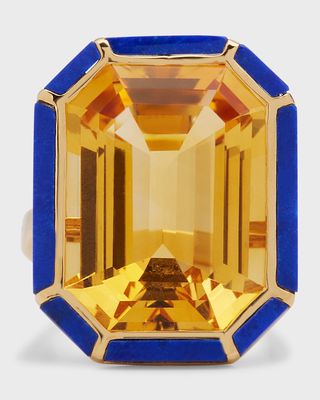 18K Yellow Gold Emerald-Cut Ring With Citrine And Lapis Lazuli