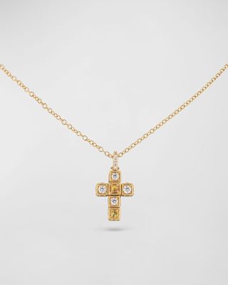 18K Yellow Gold Faro Cross Adjustable Necklace with Diamond and Yellow Sapphire Cubes