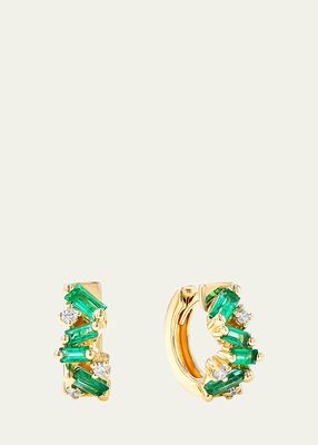 18k Yellow Gold Fireworks Emerald & Diamond Huggie Earrings