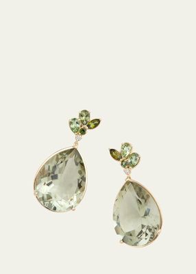 18K Yellow Gold Floral Pear Shaped Earrings with Green Tourmaline, Green Amethyst and Diamonds