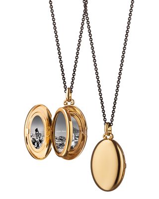 18K Yellow Gold Four Image Midi Locket Necklace on Black Steel Chain
