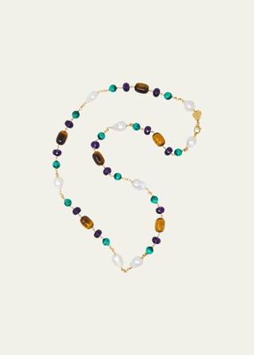 18K Yellow Gold Freshwater Baroque Pearl Necklace with Malachite, Amethyst and Tigers Eye