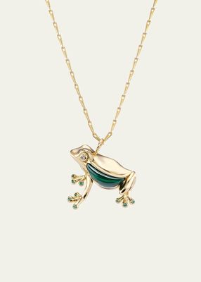 18K Yellow Gold Frog Pendant Necklace with Diamonds and Emeralds