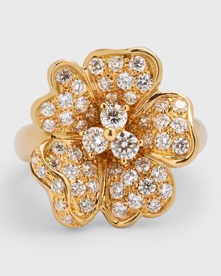 18K Yellow Gold Full Diamond Flower Ring, Size 7