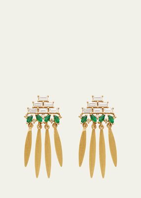 18K Yellow Gold Grass Spike Earrings with Diamonds and Emeralds
