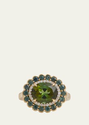 18K Yellow Gold Green Sapphire, Tourmaline and Diamond Oval Statement Ring