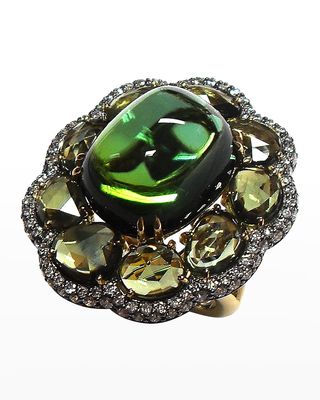 18k Yellow Gold Green Sapphire, Tourmaline and Diamond Ring