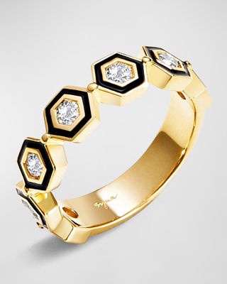 18K Yellow Gold Hex Ring with Black Enamel and Diamonds