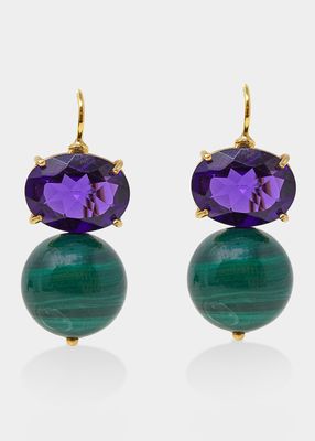 18K Yellow Gold Hook Earrings with Malachite and Amethyst