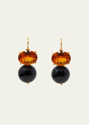 18K Yellow Gold Hook Earrings with Onyx and Citrine Quartz