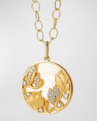 18K Yellow Gold Jardin Magnolia Pendant Necklace with Mother of Pearl and Diamonds