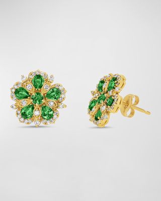 18k Yellow Gold Jasmine Bloom Emerald and Diamond Stud Earrings