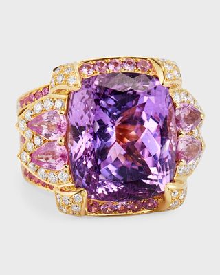 18K Yellow Gold Kunzite, Pink Sapphire and Diamond Ring, Size 7