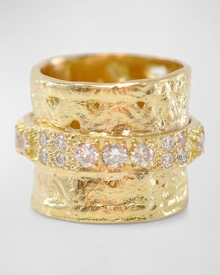 18K Yellow Gold Large Artifact Band Statement Ring with Diamonds