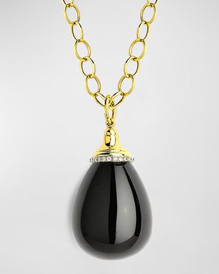 18K Yellow Gold Large Black Onyx Mogul Drop Pendant Necklace with Diamond Trim
