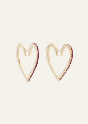 18K Yellow Gold Large Heart Hoop Earrings with Rubies