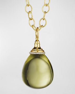 18K Yellow Gold Large Lemon Quartz Mogul Drop Pendant Necklace with Diamond Trim