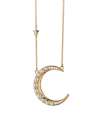 18K Yellow Gold Large Pearl Crescent Moon Necklace with Diamonds