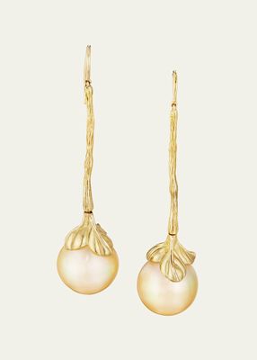 18K Yellow Gold Leaf Earrings with South Sea Pearls