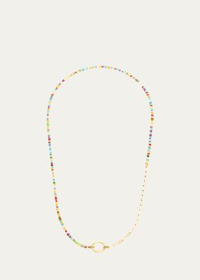 18K Yellow Gold Lien Pierres Long Small Link Necklace with Opal, Tourmaline, Tanzanite and Gemstones, 26"L