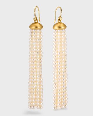 18K Yellow Gold Long Tassel Akoya Pearl Earrings with Diamonds