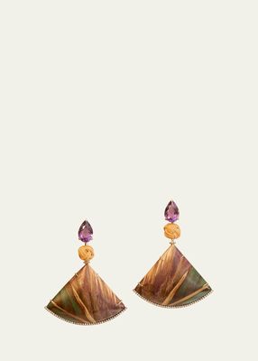 18K Yellow Gold Marquetry Earrings with Brown Diamonds, Amethyst and Tsavorite