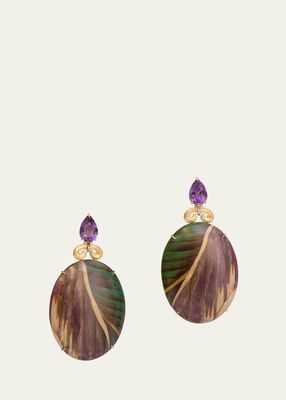 18K Yellow Gold Marquetry Earrings with Brown Diamonds and Amethyst