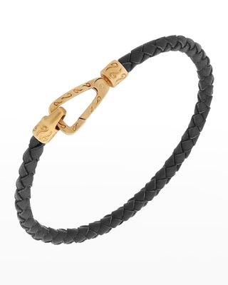 18K Yellow Gold Matte Plated Silver Bracelet with Black Woven Leather