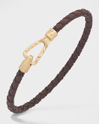 18K Yellow Gold Matte Plated Silver Bracelet with Brown Woven Leather