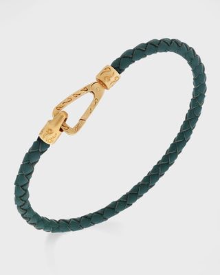 18K Yellow Gold Matte Plated Silver Bracelet with Green Woven Leather