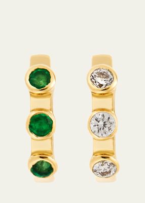 18K Yellow Gold Midi Hoop Earrings with White Diamonds and Emeralds