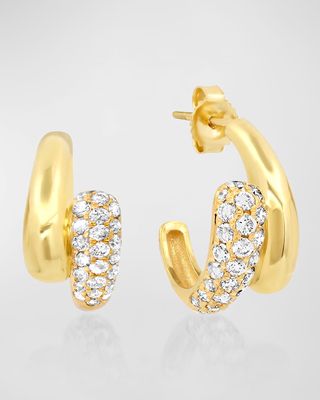 18K Yellow Gold Mini Double Dome Hoop Earrings with Pave Diamond Accents