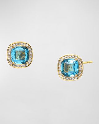 18K Yellow Gold Mogul Blue Topaz Cushion Earrings with Diamonds