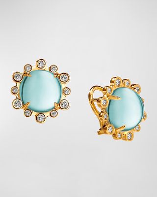 18K Yellow Gold Mogul Hex Omega Back Earrings with Blue Topaz and Diamonds