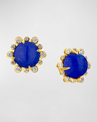 18K Yellow Gold Mogul Hex Stud Earrings with Lapis Lazuli and Diamonds