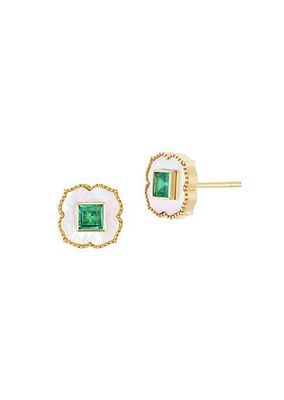 18K Yellow Gold, Mother-Of-Pearl & Emerald Lotus Stud Earrings