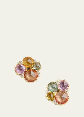 18K Yellow Gold Multi-Color Sapphire and Diamond Stud Earrings