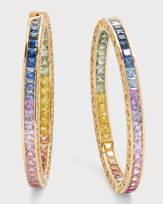 18K Yellow Gold Multi-Sapphires and 2 Round Diamond Earrings