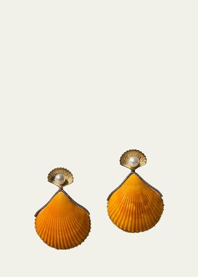 18K Yellow Gold Orange Shell Earrings with Diamonds and Pearls