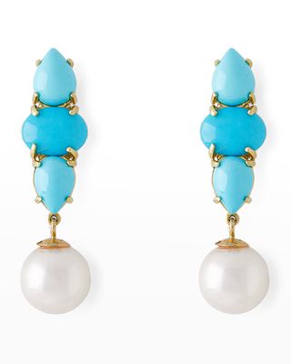 18K Yellow Gold Oval and Pear-Cut Turquoise with 8.5mm Akoya Pearl Drop Earrings