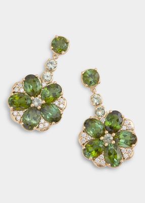 18K Yellow Gold Oval Floral Drop Earrings with Green Tourmaline and Diamonds